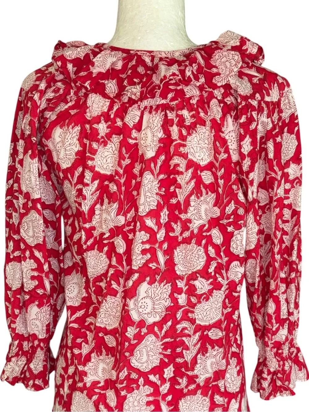 Anthropologie Mille May Red Zinnia Floral Print Ruffle Tie Neck Blouse - XXS +